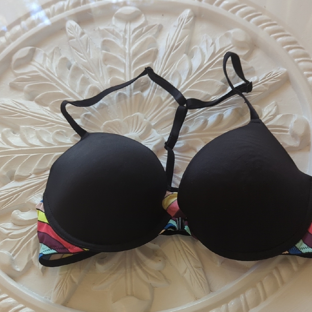 PINK Victoria's Secret Black and Multicolor Push Up Bra 34C